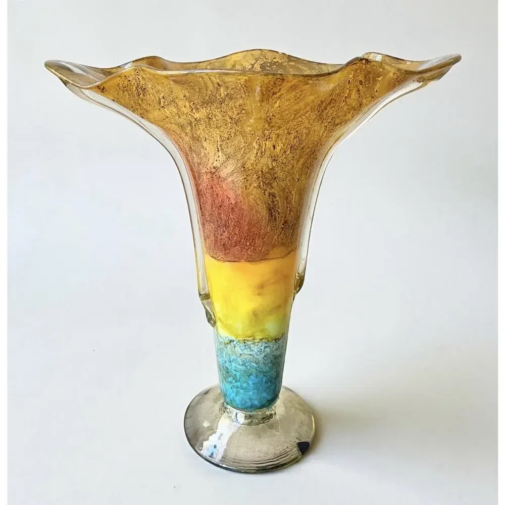 1970s Vintage Murano-Style Handblown Encased Flared Amber Teal Trumpet Vase 17”